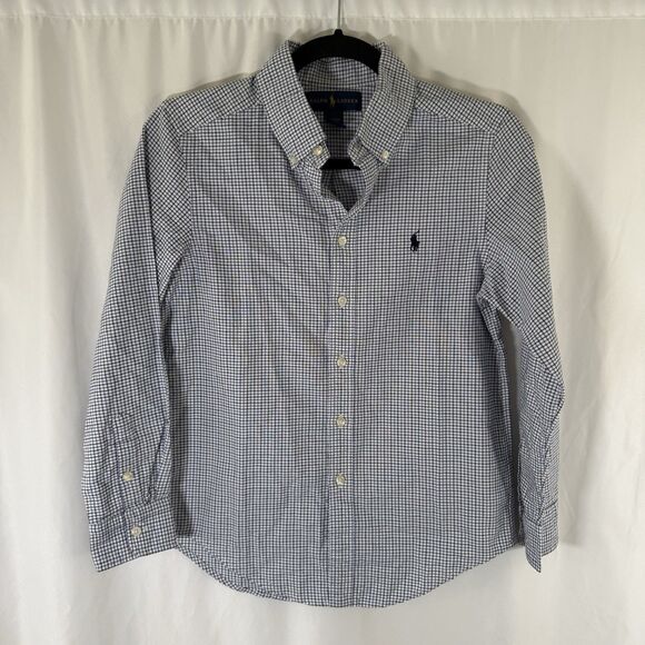 Ralph Lauren Dress Shirt Boy medium 10 12 White Blue Plaid Button Up Long Sleeve - Picture 1 of 9